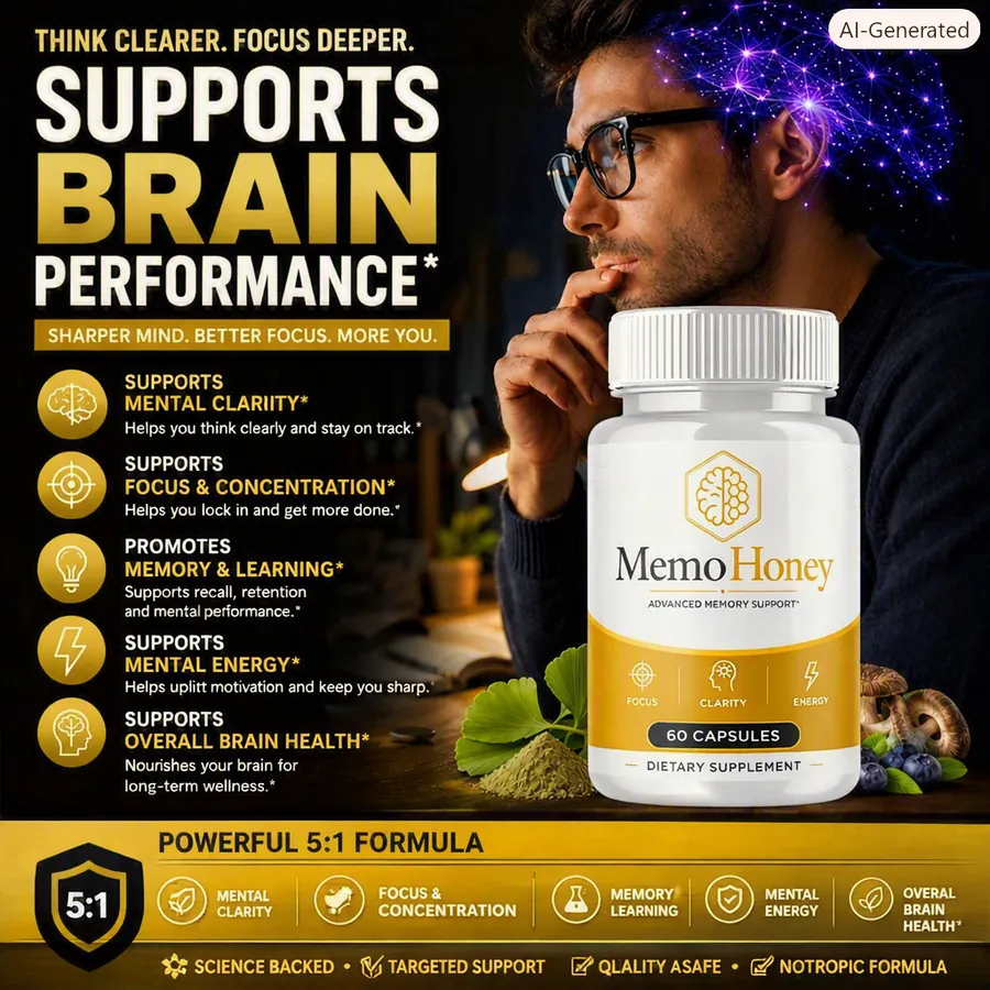 MemoHoney capsule bottle illustrating support for mental clarity, focus, memory, learning and mental energy
