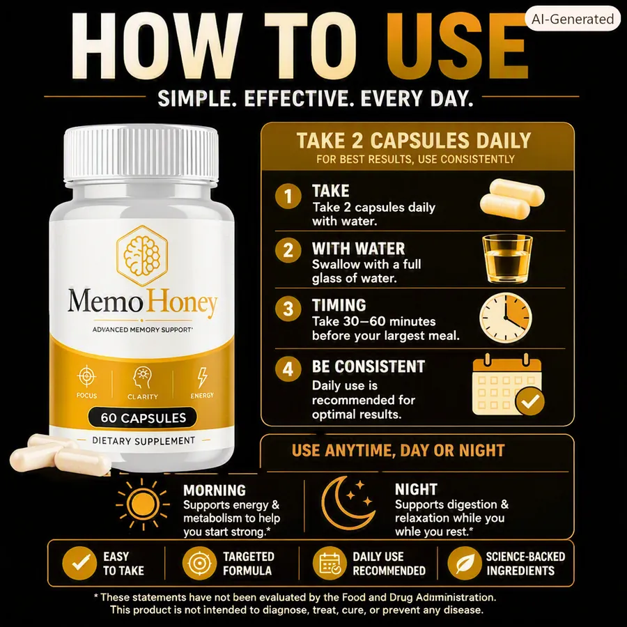 MemoHoney usage guide: take two capsules daily with water, 30 to 60 minutes before your largest meal, and stay consistent