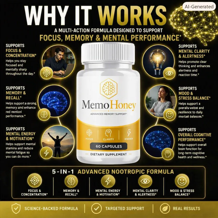 MemoHoney capsule bottle with an overview of focus, memory, mental energy, mood and cognitive performance support